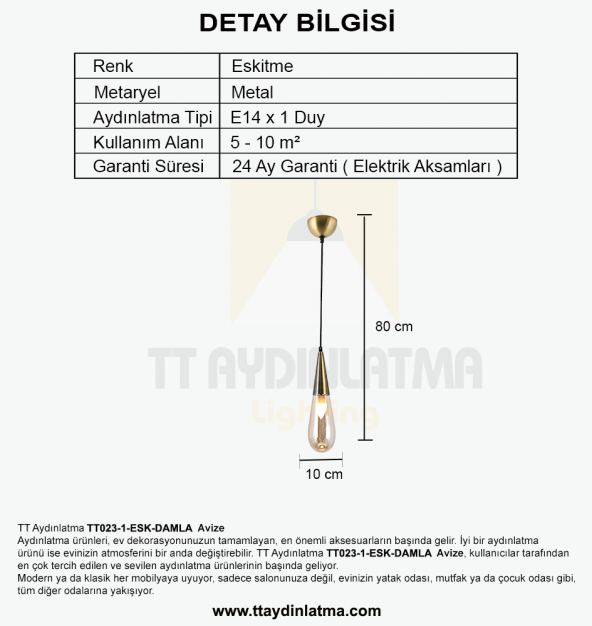 TT Aydınlatma TT023-1-ESK  Damla Modeli Eskitme Tekli Avize - 4