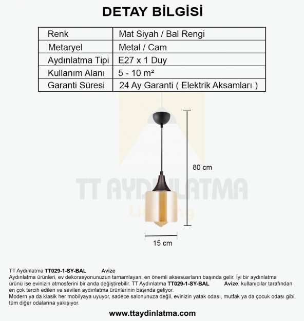 TT Aydınlatma TT029-1-SY-BAL   Mat Siyah - Bal Tekli Avize - 4