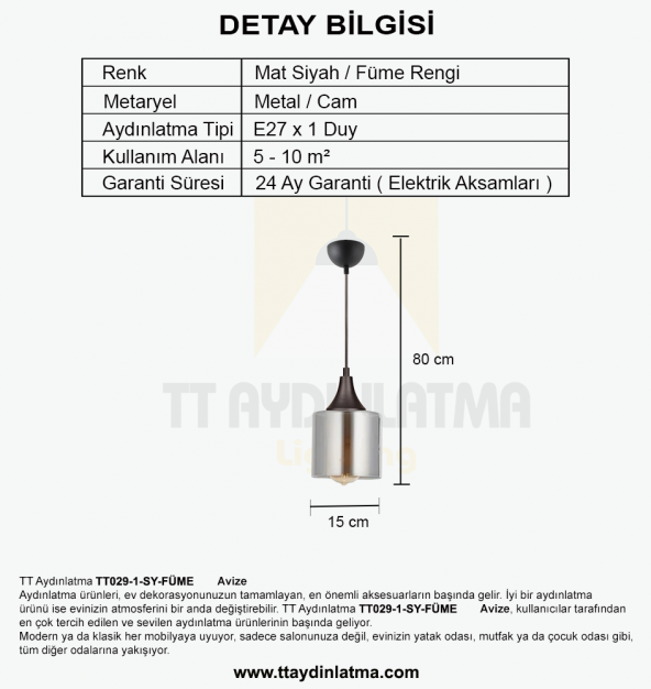 TT Aydınlatma TT029-1-SY-FÜME  Mat Siyah - Füme Tekli Avize - 4