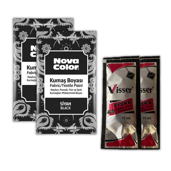 Siyah Kumaş Boyası Toz 12 gr 2 Adet Kumaş Sabitleyici Fiske 15 ml 2 Adet Toz Kumaş Boyası Siyah Kot Pantalon Gömlek Tişört Tekstil Kumaş Boyası 2 Adet