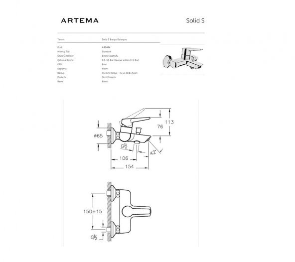 Artema Solid S Banyo Duş Bataryası A42444 - 2