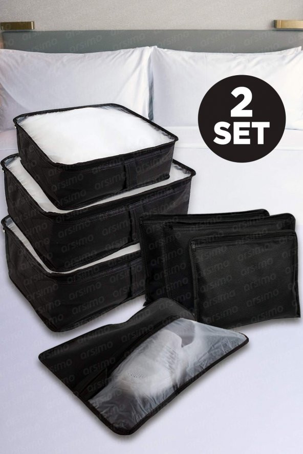 Lüks 7 Parça Bavul Dolap Eşya Düzenleyici Pencereli Organizer Set Siyah ( 2 Adet )
