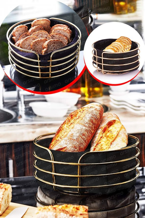 Lux Ekmeklik Kumaş Hazneli Ekmek Sepeti Paslanmaz Çelik Gold Yuvarlak