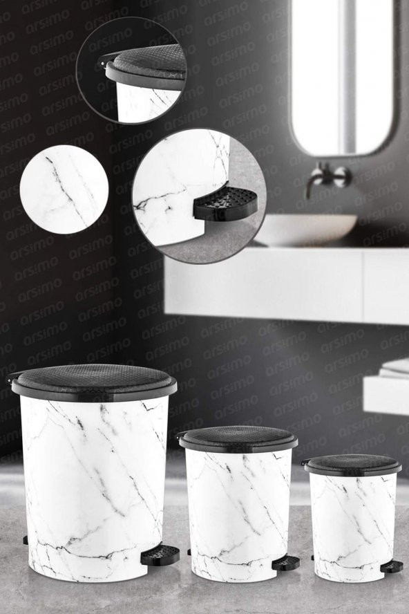 3'lü Pedallı Çöp Kovası Seti Mermer Desenli Beyaz