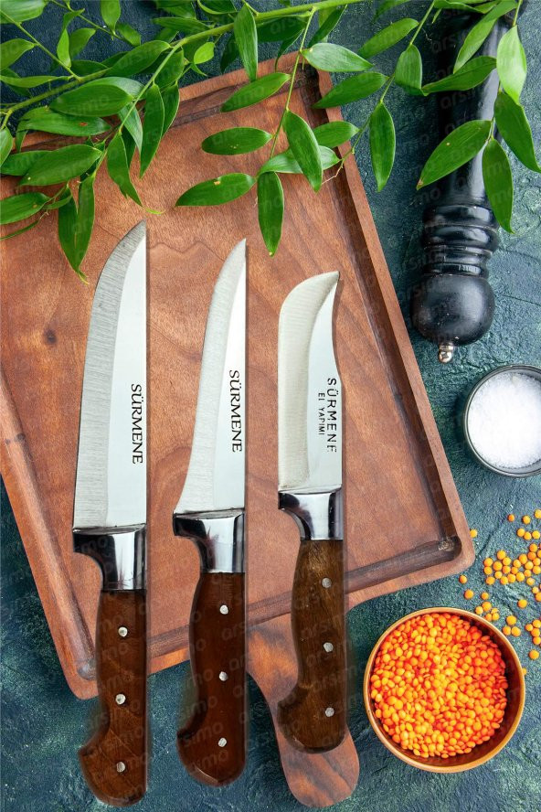 3'lü El Yapımı Dövme Kurban Mutfak Bıçak Seti + Kesim Tahtası