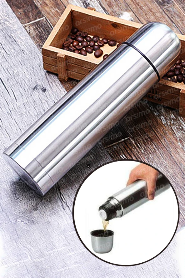 Büyük Boy Paslanmaz Çelik Termos | Otomatik Kapaklı Vakumlu Sıcak Soğuk Termos 750 mL