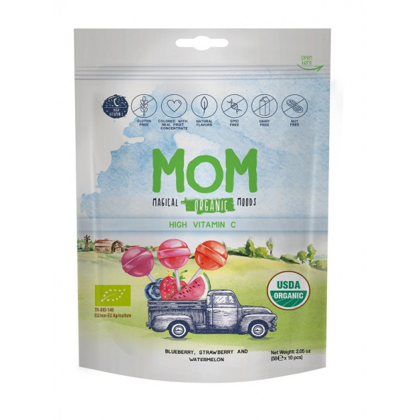 MOM Magical Organic Moods Çilek Karpuz Yaban Mersini ve C Vitamini Top Lolipop 5''8 gr x 10 adet/1 paket.