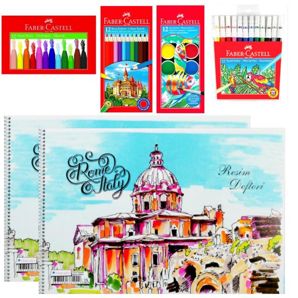 Faber Castell Kuru Sulu Keçeli Pastel 12 Renk Boya Ve 25x35 Spiralli 2 Adet Defter Seti