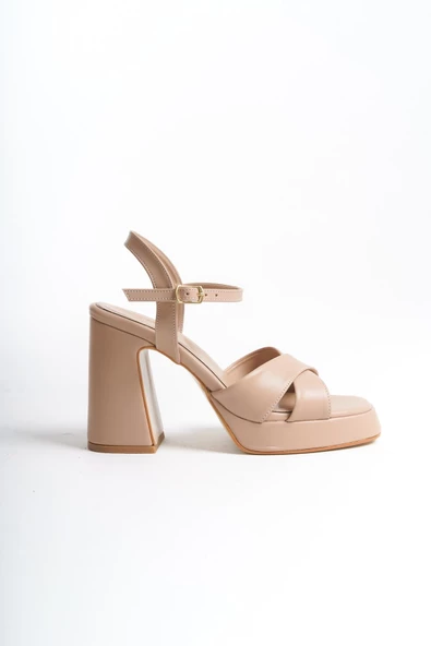 Sahra Ten Rengi Saten Çapraz Bantlı Kalın Platform Topuklu Ayakkabı - Resim 4