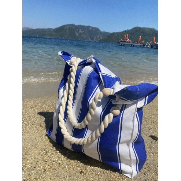 Lacivert Çizgili Plaj Çantası - 4
