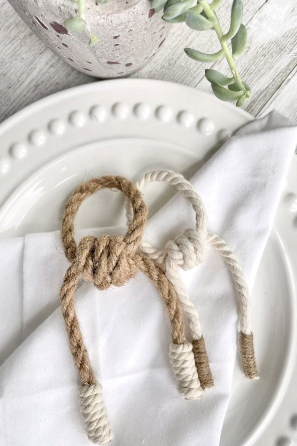 6 Adet Bohem Krem Halatlı Peçete Yüzüğü - Resim 3