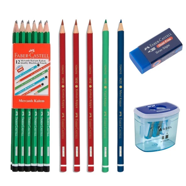 Faber-Castell Kurşun Kalem 12 Adet Kırmızı Yeşil Mavi Kopya Kalemi Kalemtıraş Silgi