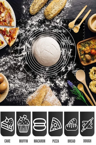 Silikon Hamur Matı Hamur Açma Pasta Fırın Altlığı Matı Ölçülü Hamur Yoğurma Siyah Büyük Boy 65X45 - 5