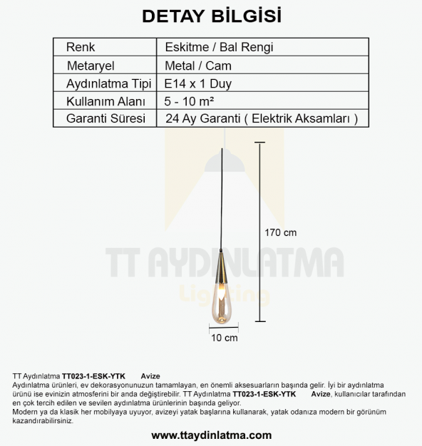 TT Aydınlatma TT023-1-ESK-YTK  Damla Modeli Eskitme Yatak Başlık A - 4