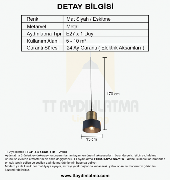 TT Aydınlatma TT031-1-SY-ESK-YTK  Mat Siyah-Eskitme Yatak Başlık A - Resim 4