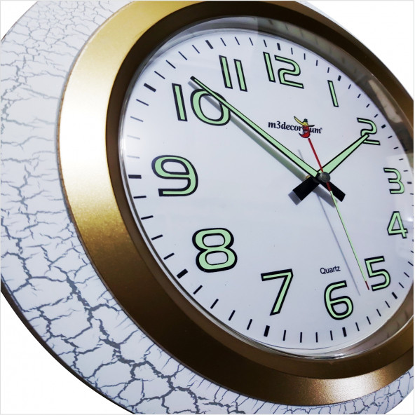 Büyük 35 cm Fosforlu Çatlatma Beyaz Çerçeve Sessiz Mineral Kırılmaz Akrilik Ön Camlı Duvar Saati - 2
