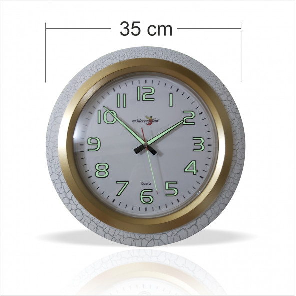 Büyük 35 cm Fosforlu Çatlatma Beyaz Çerçeve Sessiz Mineral Kırılmaz Akrilik Ön Camlı Duvar Saati - 4