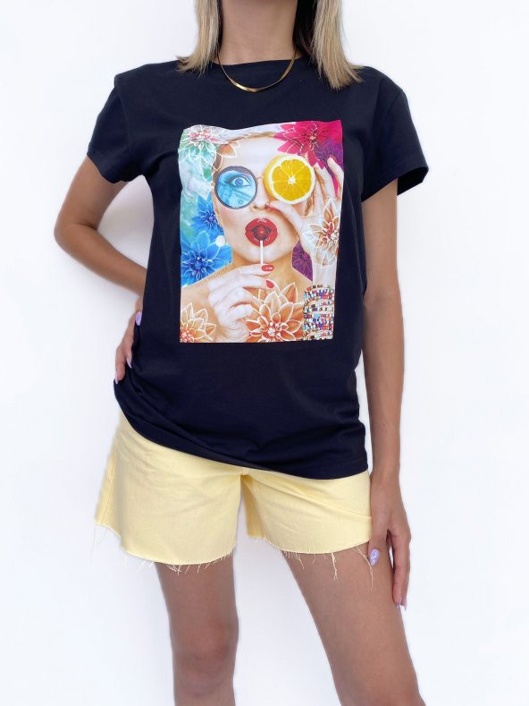 Kadın Baskılı Basic Siyah Tshirt