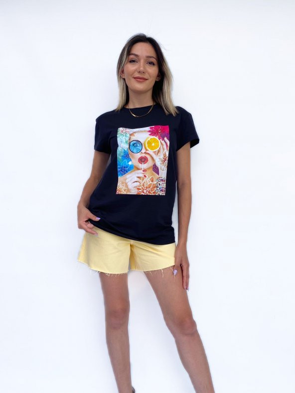 Kadın Baskılı Basic Siyah Tshirt - 2