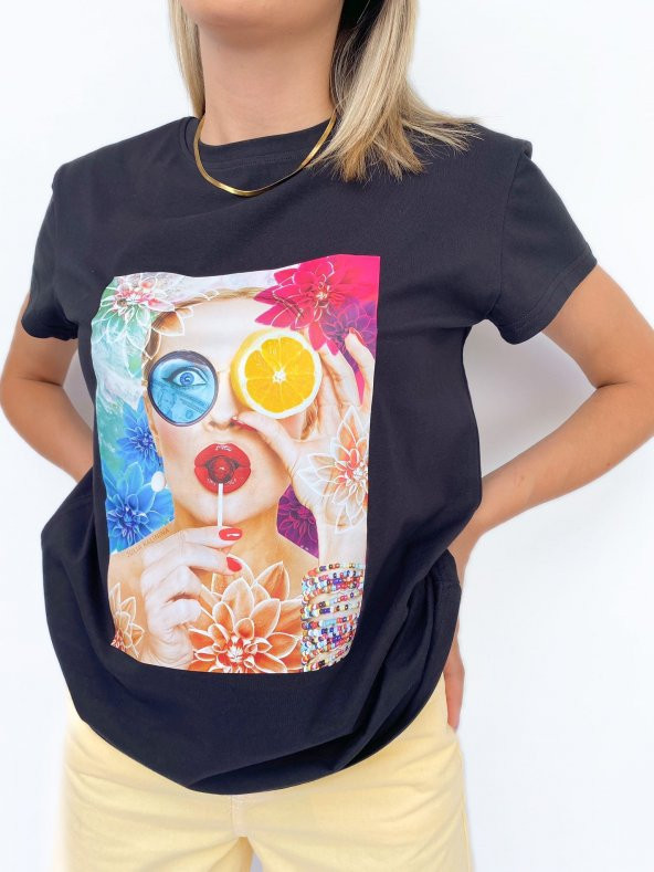 Kadın Baskılı Basic Siyah Tshirt - 4