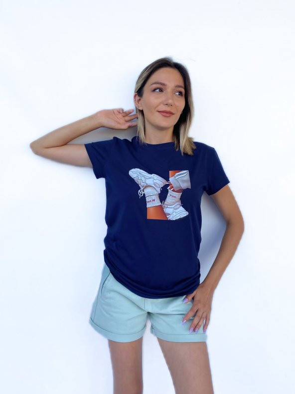 Kadın Baskılı Basic Lacivert Tshirt
