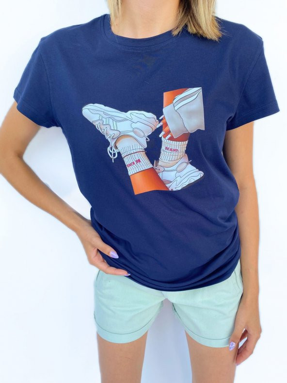 Kadın Baskılı Basic Lacivert Tshirt - 2