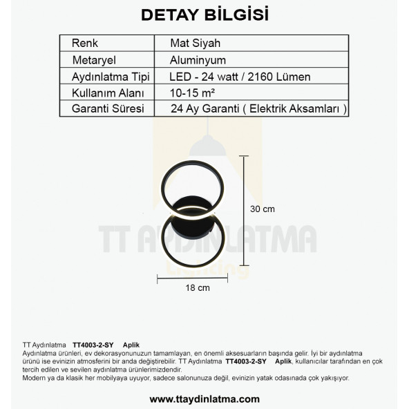 TT Aydınlatma TT4003-2-SY  Mat Siyah 2 li Led Aplik - Resim 4