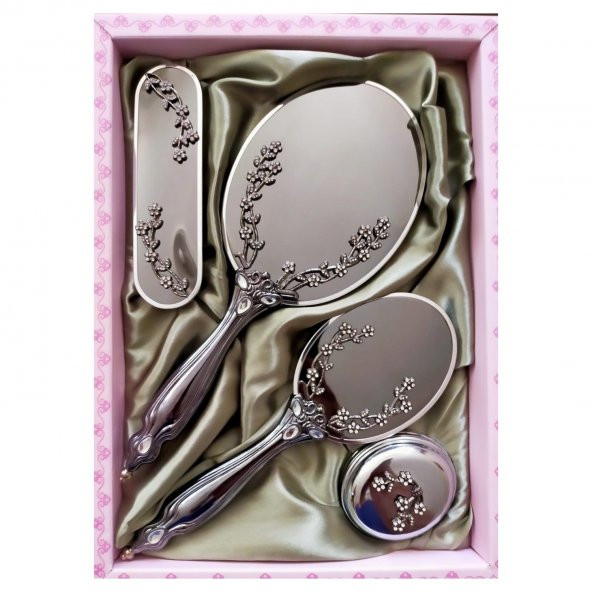 Saraylı Lüks Çeyizlik Ayna Makyaj Fırça Takımı - Silver- Sarmaşık