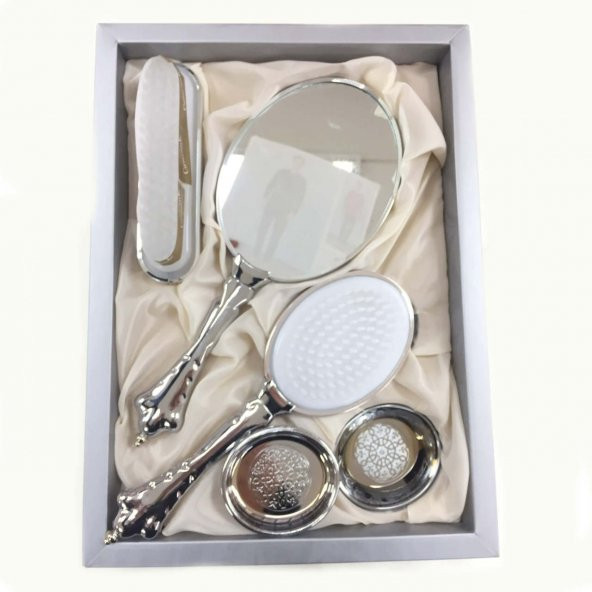 Saraylı Lüks Çeyizlik Ayna Makyaj Fırça Takımı - Silver- Sarmaşık - 3