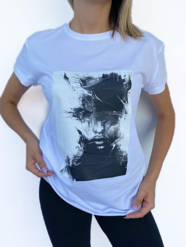 Kadın Women Face Baskılı Basic Beyaz Tshirt