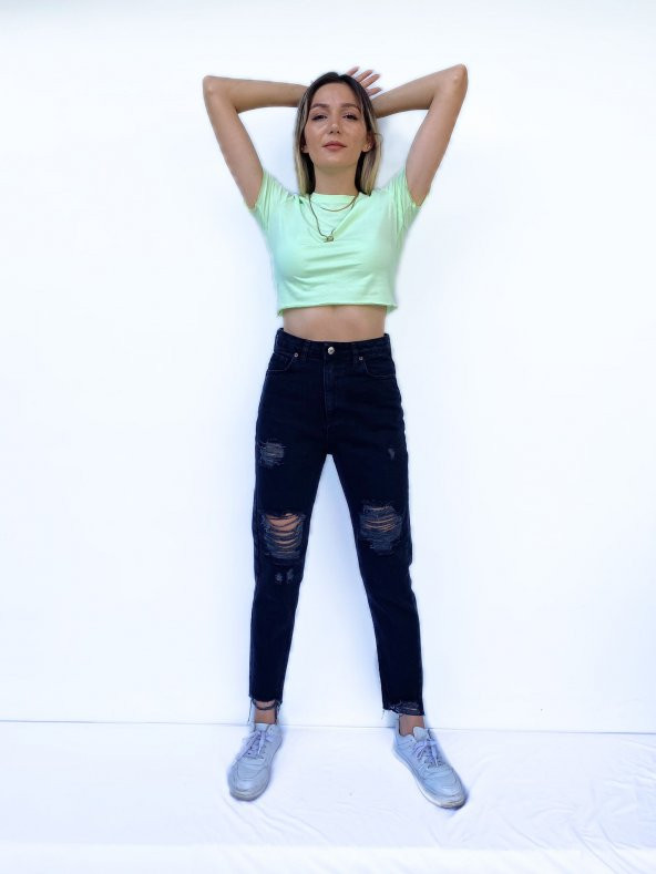 Kadın Büzgü Detaylı Crop Mint Tshirt - 3