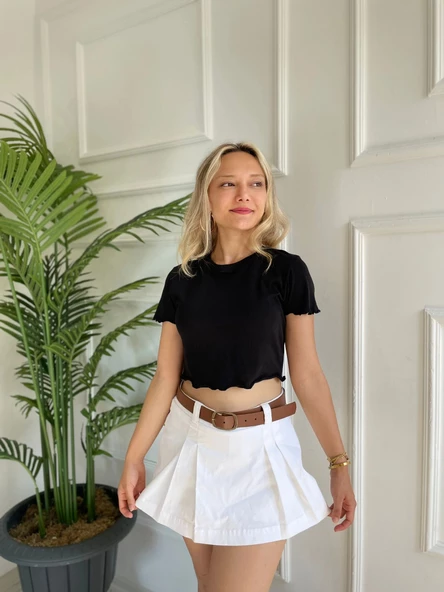 Kadın Büzgü Detaylı Crop Siyah Tshirt