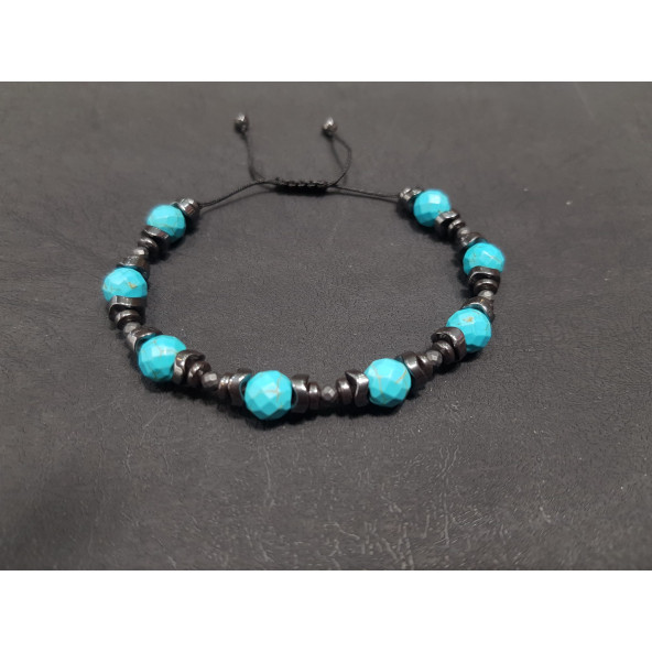 Fasetli Firuze ve Hematit Taşlı Bileklik ( 8 mm ) - 2