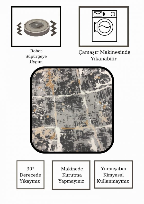 DEKORATİF MODERN YIKANABİLİR İNCE KAYMAZ TABAN HALI - 3
