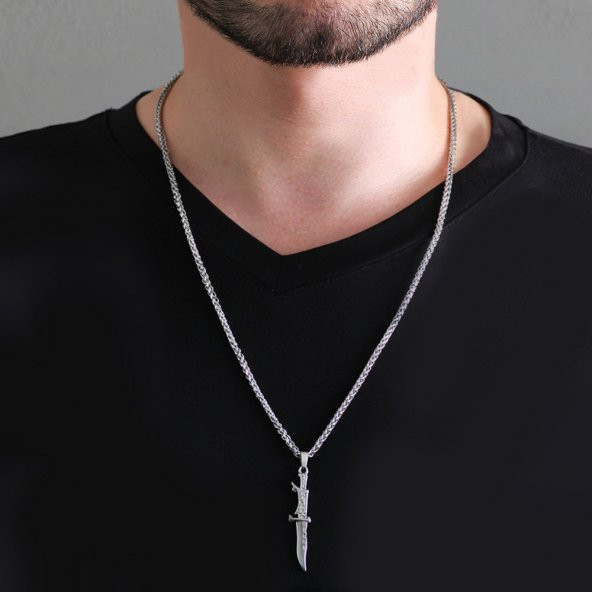 Nipora Kama Tasarım Silver Renk Çelik Erkek Kolye - 3