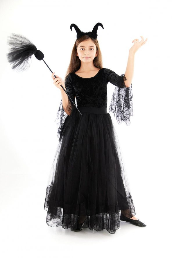 Kız Çocuk Halloween Malefiz Cadı Kostümü -  Kız Çocuk Cadı Elbisesi Doğum Günü Parti Kostümü