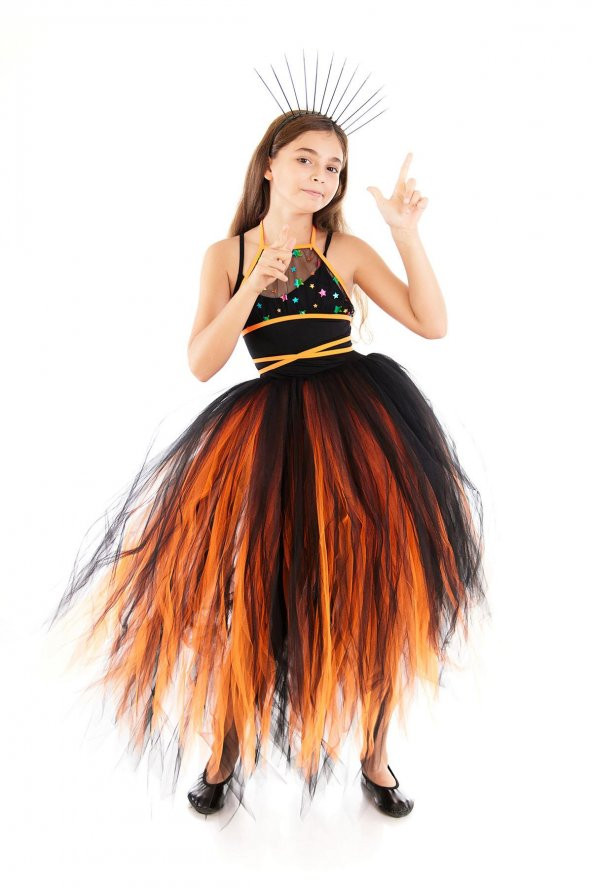 Kız Çocuk Turuncu Renkli Halloween Roxi Cadı Kostümü - Roxi Cadı Elbisesi Doğum Günü Parti Kostümü