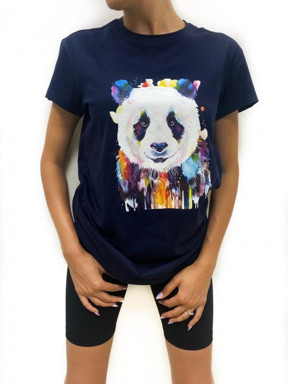 Kadın Panda Baskılı Basic Lacivert Tshirt