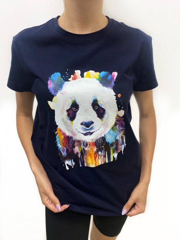 Kadın Panda Baskılı Basic Lacivert Tshirt - 2