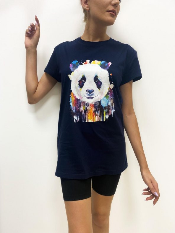 Kadın Panda Baskılı Basic Lacivert Tshirt - 4