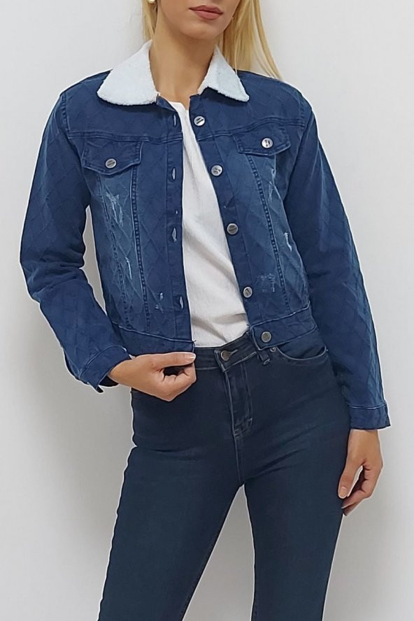 Yakası Peluş Kot Ceket Mavi - Resim 6