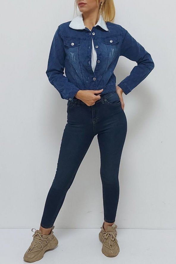 Yakası Peluş Kot Ceket Mavi - Resim 7