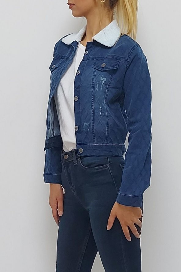 Yakası Peluş Kot Ceket Mavi - Resim 9