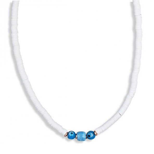 KL-BEYAZ FİMO BONCUK KORDON NAZAR BONCUK DETAY KOLYE ROSE RENK