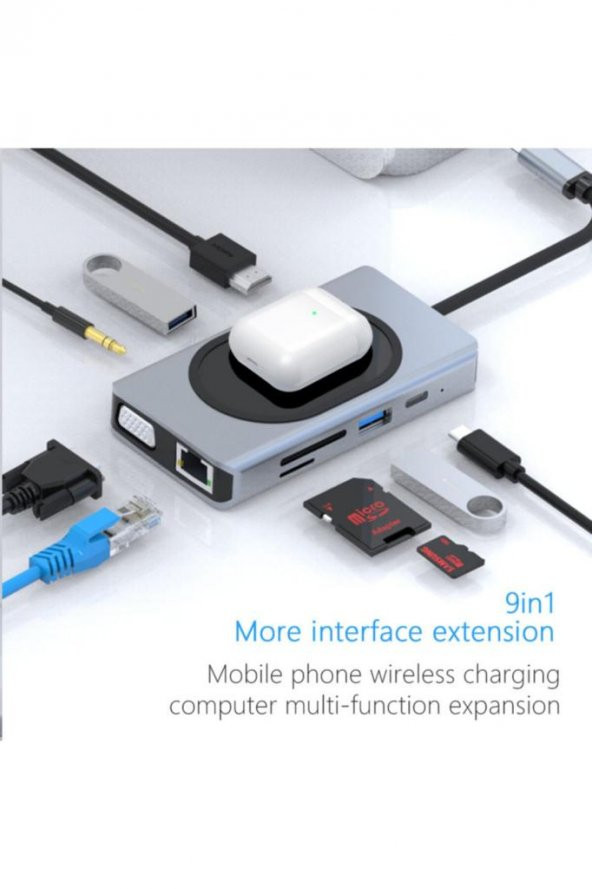 Shaza 9in1 USB Type-C Hub Port Adaptör 4K HDMI USB Ethernet Pd Girişli 15W Kablosuz Şarj - 3