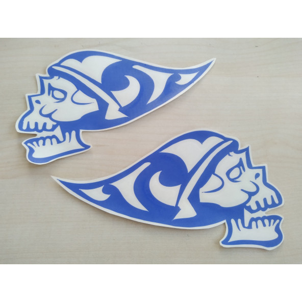 KURUKAFA sticker (2Lİ TAKIM) MAVİ 16cmx10cm (İSKELET) KURUKAFA ETİKETİ ÇIKARTMASI logosu arması ürün görseli