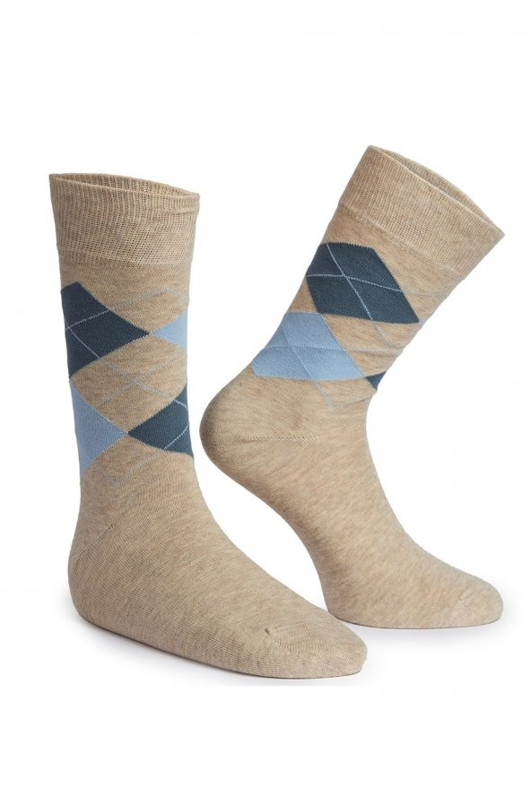 Krem Baklava Desenli Erkek Soket Çorap