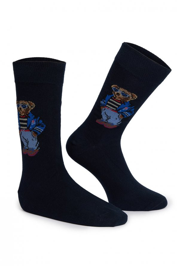 Siyah Ayıcık Desenli Erkek Soket Çorap
