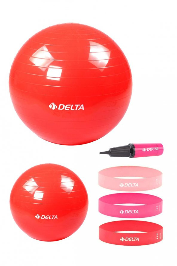 Delta 55 cm-25 cm Pilates Topu 3lü Squat Bandı Egzersiz Direnç Lastiği Pilates Topu Pompası Seti