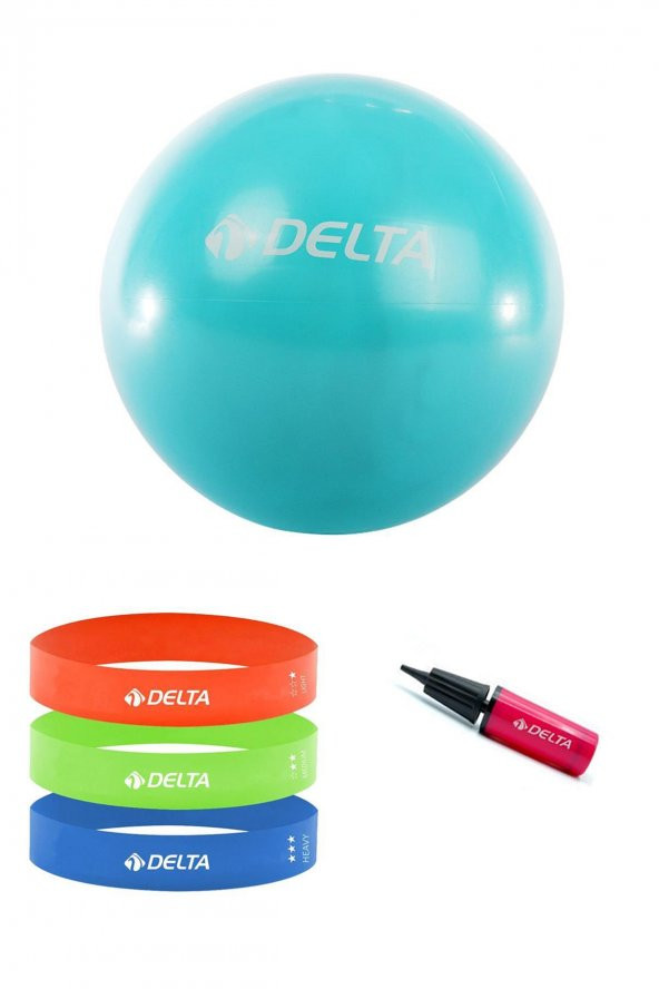 Delta 55 cm Pilates Topu 3lü Squat Bandı Egzersiz Direnç Lastiği Pilates Topu Pompası 5li Set